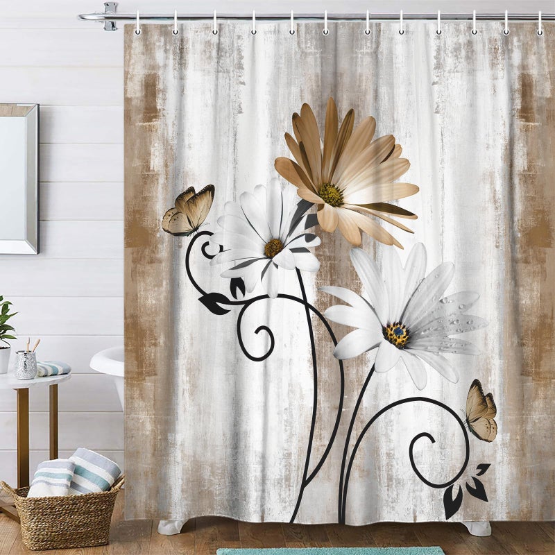 Veivian Rustic Farmhouse Startain Farm Tan Cream Daisy Floral Flowers and Butterfly on Country Wooden Shower Stain for Bathroom Beige Brown Shower Stain with 12pcs Hooks 70x75in - Image 1