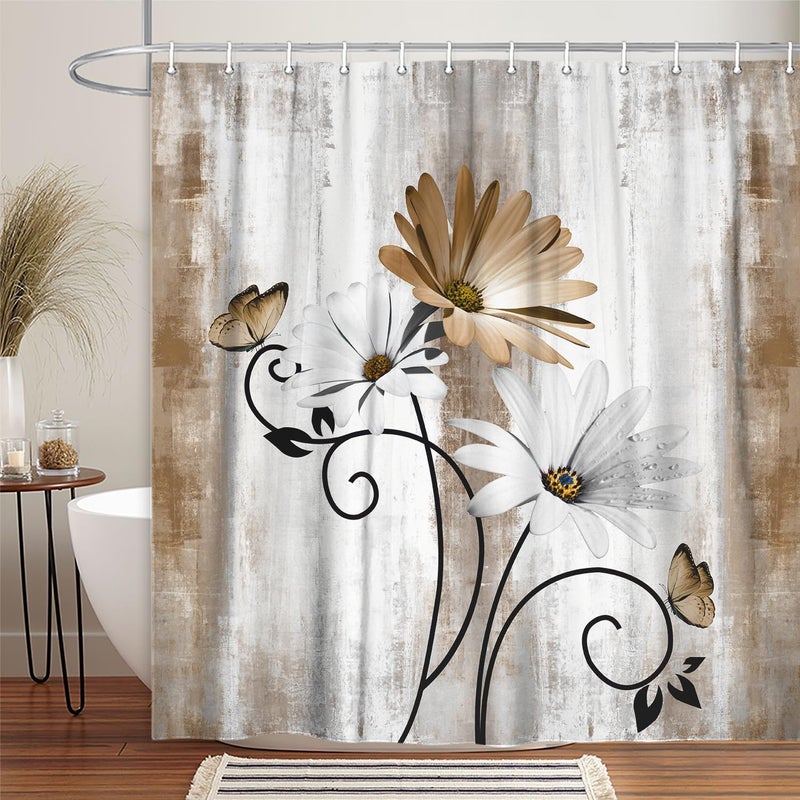 Veivian Rustic Farmhouse Startain Farm Tan Cream Daisy Floral Flowers and Butterfly on Country Wooden Shower Stain for Bathroom Beige Brown Shower Stain with 12pcs Hooks 70x75in - Image 3