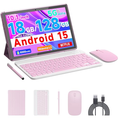 COOPERS Tablet Android 15 10 inch Tablet 18GB RAM128GB ROM 2TB Expandable 20Ghz Quadcore Processor 5G WiFi6 BT 50 Dual Cameras 2 in 1 Tablets with Keyboard Case Mouse Stylus Widevine L1 Pink - Image 1