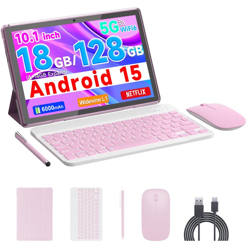 COOPERS Tablet Android 15 10 inch Tablet 18GB RAM128GB ROM 2TB Expandable 20Ghz Quadcore Processor 5G WiFi6 BT 50 Dual Cameras 2 in 1 Tablets with Keyboard Case Mouse Stylus Widevine L1 Pink - Image 2