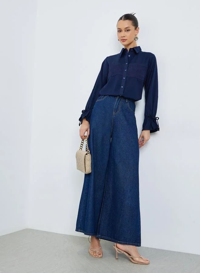 Styli Navy Blue Embroidered Cotton Shirt