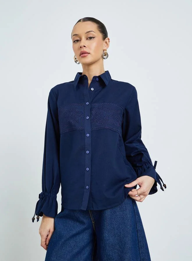Styli Navy Blue Embroidered Cotton Shirt