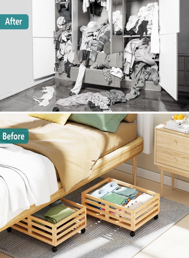 Wisuce Bamboo Under Bed Storage Containers- Underbed Organizer with Wheels with Large Dust Bag,Sturdy Wood Rolling Under the Bed Shoe Storage Organizer Drawer 2 Packs (Nature, Small) - Image 5