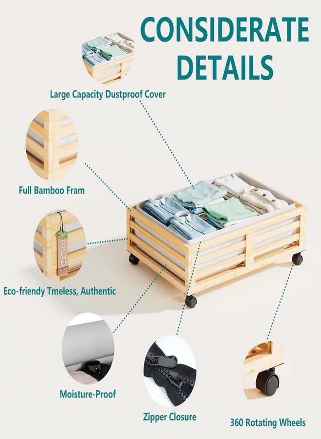 Wisuce Bamboo Under Bed Storage Containers- Underbed Organizer with Wheels with Large Dust Bag,Sturdy Wood Rolling Under the Bed Shoe Storage Organizer Drawer 2 Packs (Nature, Small) - Image 4