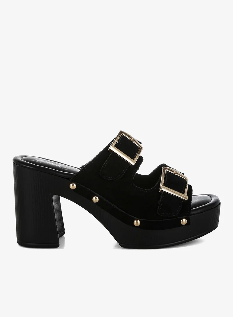 Studded Dual Buckle Platform Clogs in Black