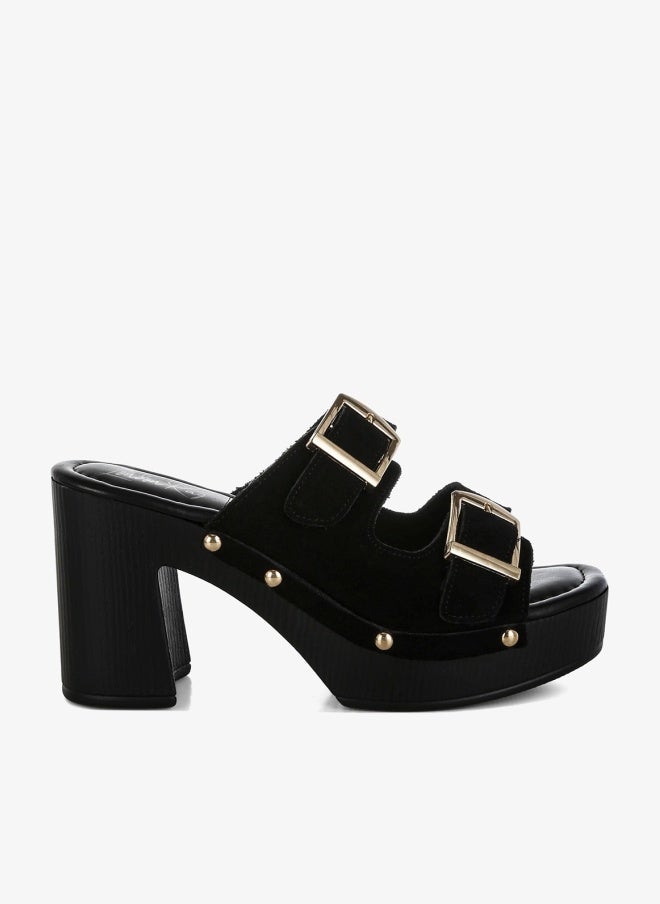 London Rag Studded Dual Buckle Platform Clogs in Black - Image 1