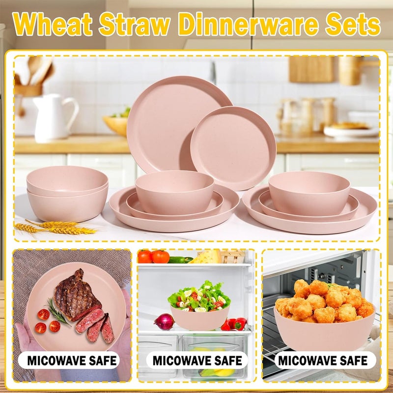 ejonirinjonir EI 12pcs Pink Wheat Straw PlatesWheat Straw Dinnerware Set for 4Plates and Bowls SetsPlastic Plates ReusableUnbreakable Plastic PlateMelamine PlatesCamping Family Dishes Set - Image 4