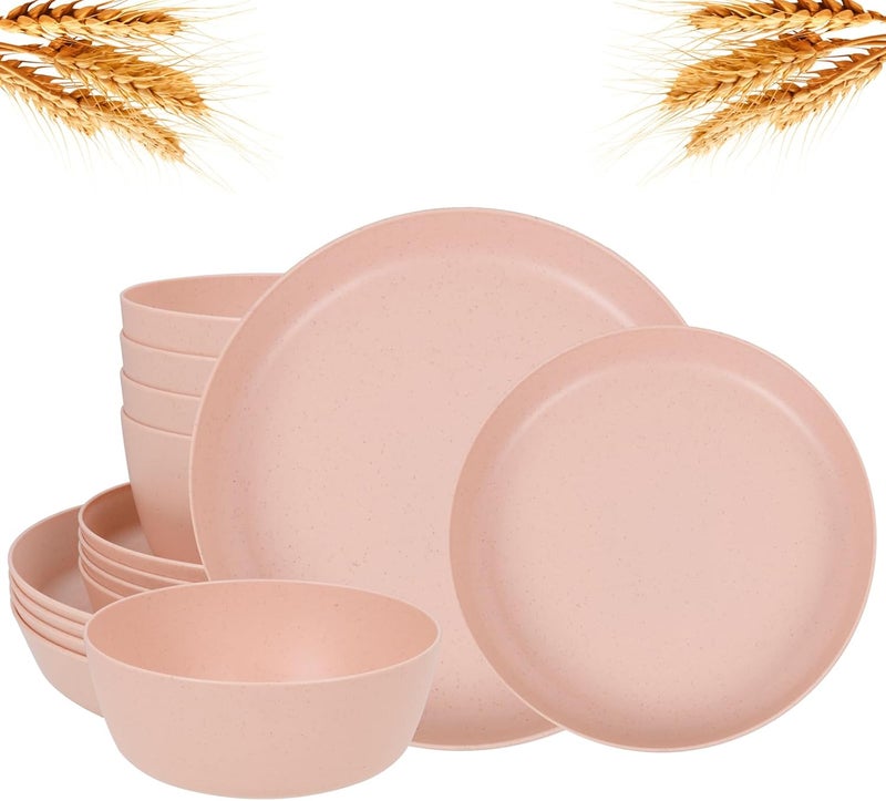 ejonirinjonir EI 12pcs Pink Wheat Straw PlatesWheat Straw Dinnerware Set for 4Plates and Bowls SetsPlastic Plates ReusableUnbreakable Plastic PlateMelamine PlatesCamping Family Dishes Set - Image 1