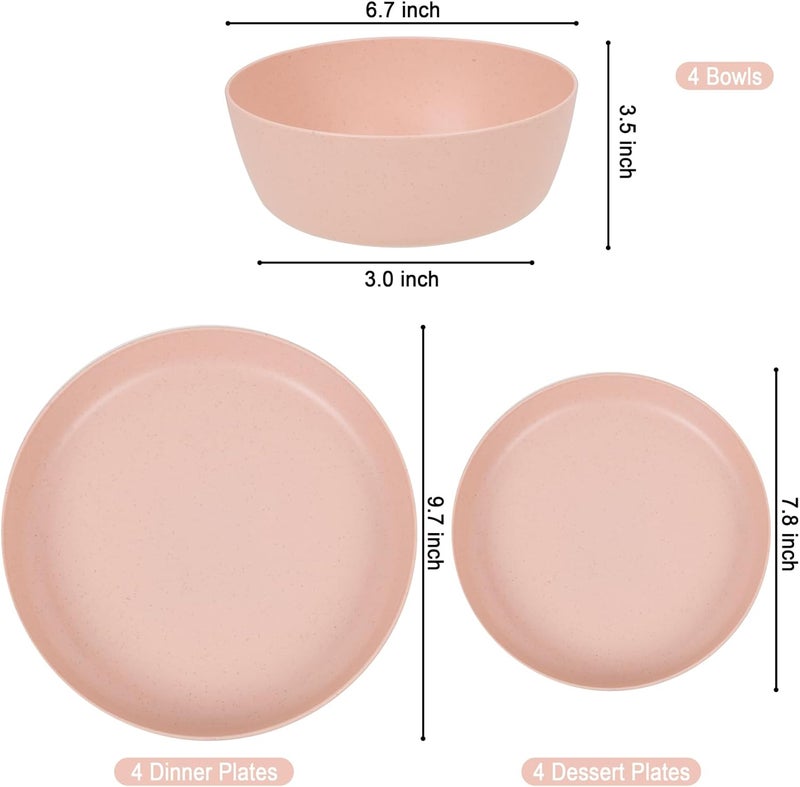 ejonirinjonir EI 12pcs Pink Wheat Straw PlatesWheat Straw Dinnerware Set for 4Plates and Bowls SetsPlastic Plates ReusableUnbreakable Plastic PlateMelamine PlatesCamping Family Dishes Set - Image 2