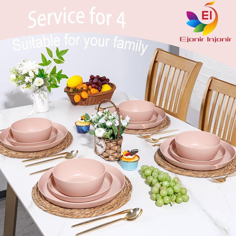 ejonirinjonir EI 12pcs Pink Wheat Straw PlatesWheat Straw Dinnerware Set for 4Plates and Bowls SetsPlastic Plates ReusableUnbreakable Plastic PlateMelamine PlatesCamping Family Dishes Set - Image 5
