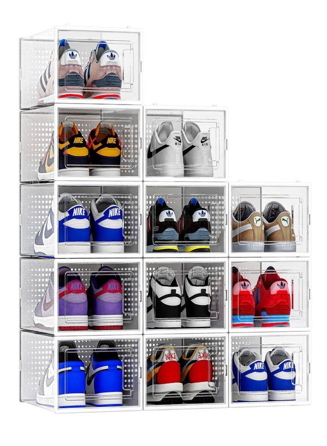 Seseno 12 Pack Shoe Organizer Storage Bins, Clear Plastic Stackable Shoe Boxes for Closet, Space Saving Foldable Shoe Storage Bins, Sneaker Storage Shoe Box Container, White Frame - Image 1