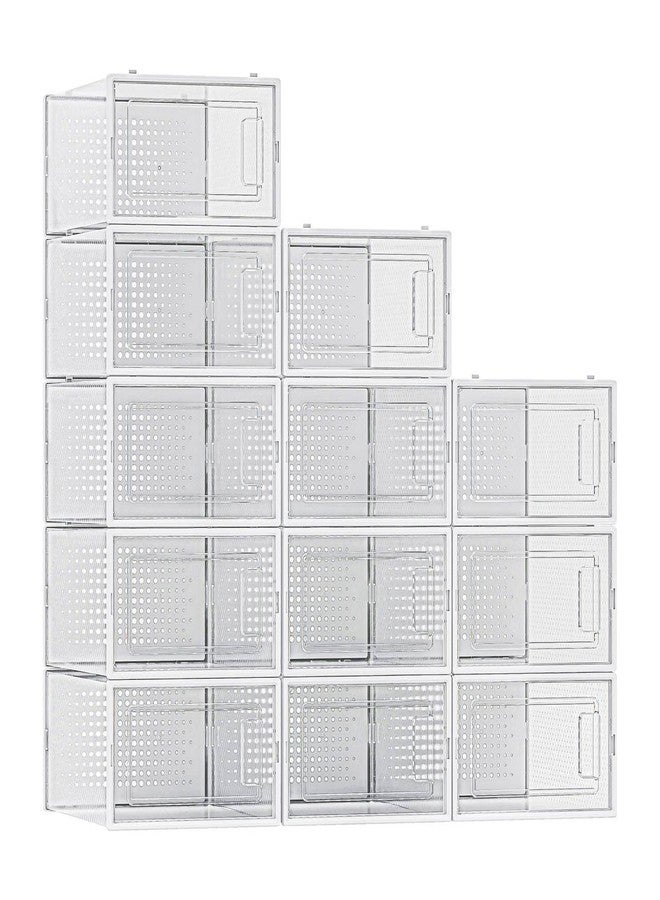 Seseno 12 Pack Shoe Organizer Storage Bins, Clear Plastic Stackable Shoe Boxes for Closet, Space Saving Foldable Shoe Storage Bins, Sneaker Storage Shoe Box Container, White Frame - Image 2