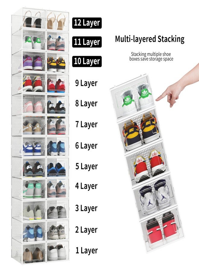 Seseno 12 Pack Shoe Organizer Storage Bins, Clear Plastic Stackable Shoe Boxes for Closet, Space Saving Foldable Shoe Storage Bins, Sneaker Storage Shoe Box Container, White Frame - Image 5