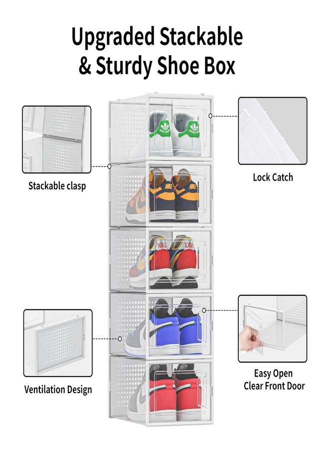 Seseno 12 Pack Shoe Organizer Storage Bins, Clear Plastic Stackable Shoe Boxes for Closet, Space Saving Foldable Shoe Storage Bins, Sneaker Storage Shoe Box Container, White Frame - Image 4