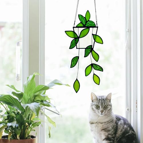 Royxen Stained Glass Window Hanging, Suncatcher, Hummingbird Stained Glass Window Hangings Handmade, Sun Catcher for Home Windows (Green Plants) - Image 4