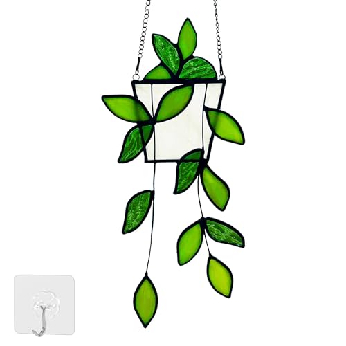 Royxen Stained Glass Window Hanging, Suncatcher, Hummingbird Stained Glass Window Hangings Handmade, Sun Catcher for Home Windows (Green Plants) - Image 1
