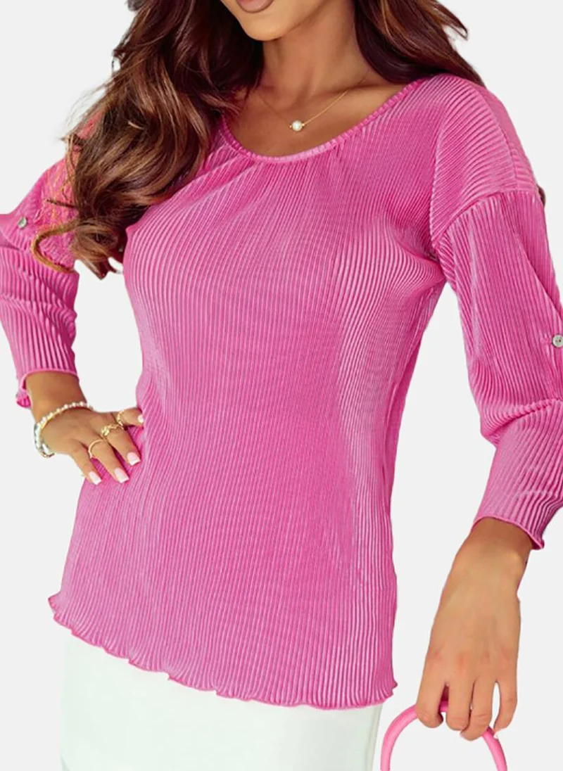 YUNIQEE Pink Solid Long Sleeve Round Neck Tunics