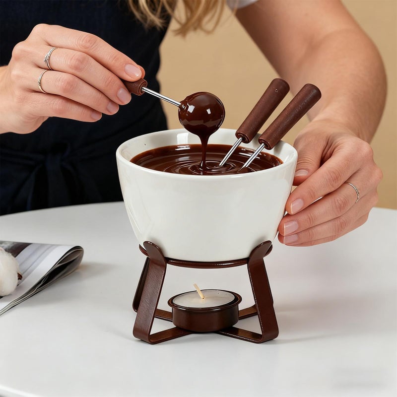 300ml Ceramic Chocolate Fondue Pot with Forks for Home Party Picnic Holiday - Image 4