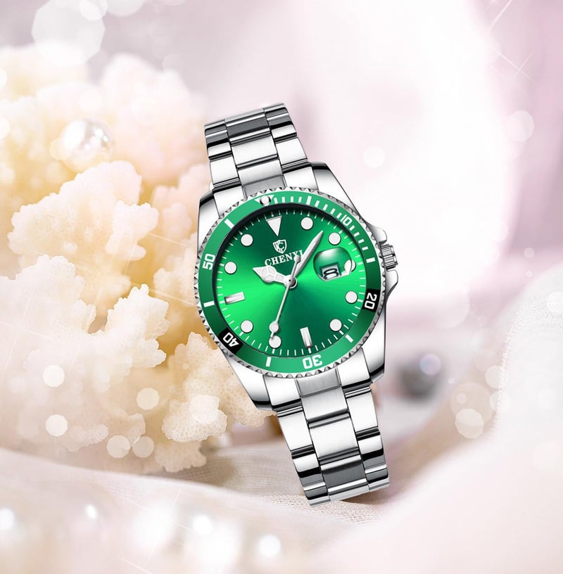 MASTOP Women's Classic Fashion Silver Stainless Steel Watches Waterproof Date Luminous Lady Dress Wrist Watch (Green) - Image 3
