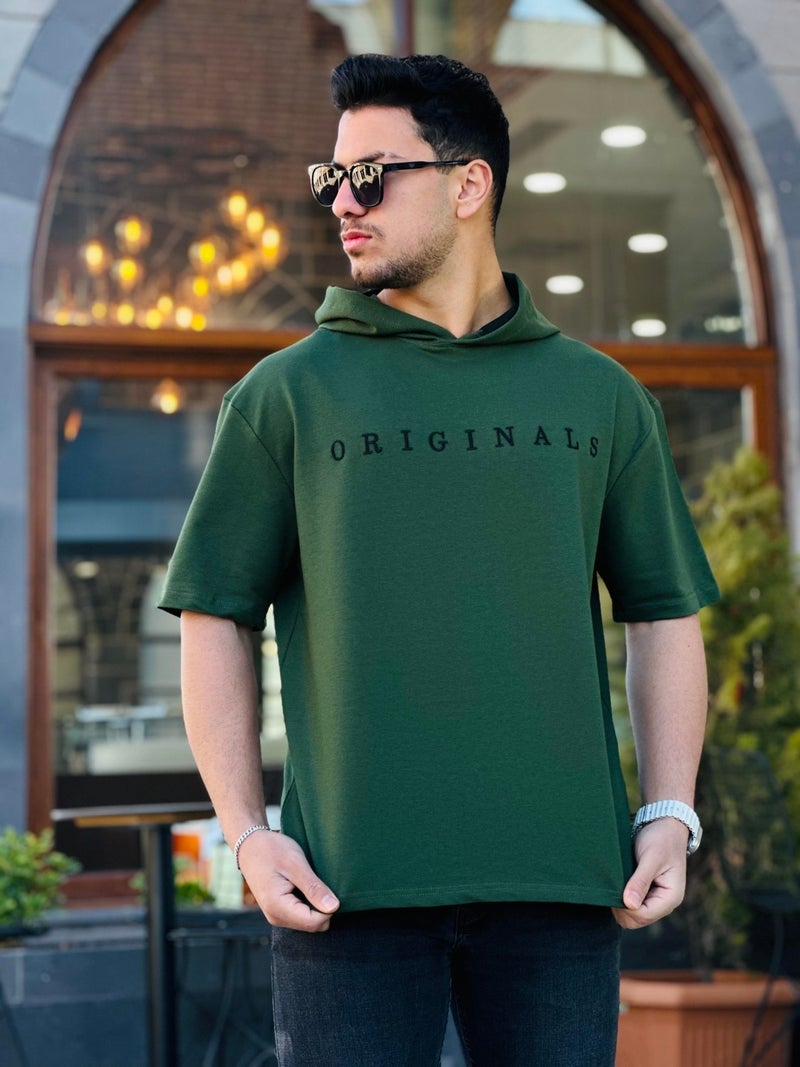 Miron Khaki Originals Embroidered Hooded Two Thread Short Sleeve T-Shirt - Image 1