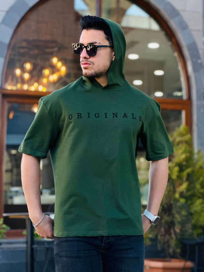 Miron Khaki Originals Embroidered Hooded Two Thread Short Sleeve T-Shirt - Image 2