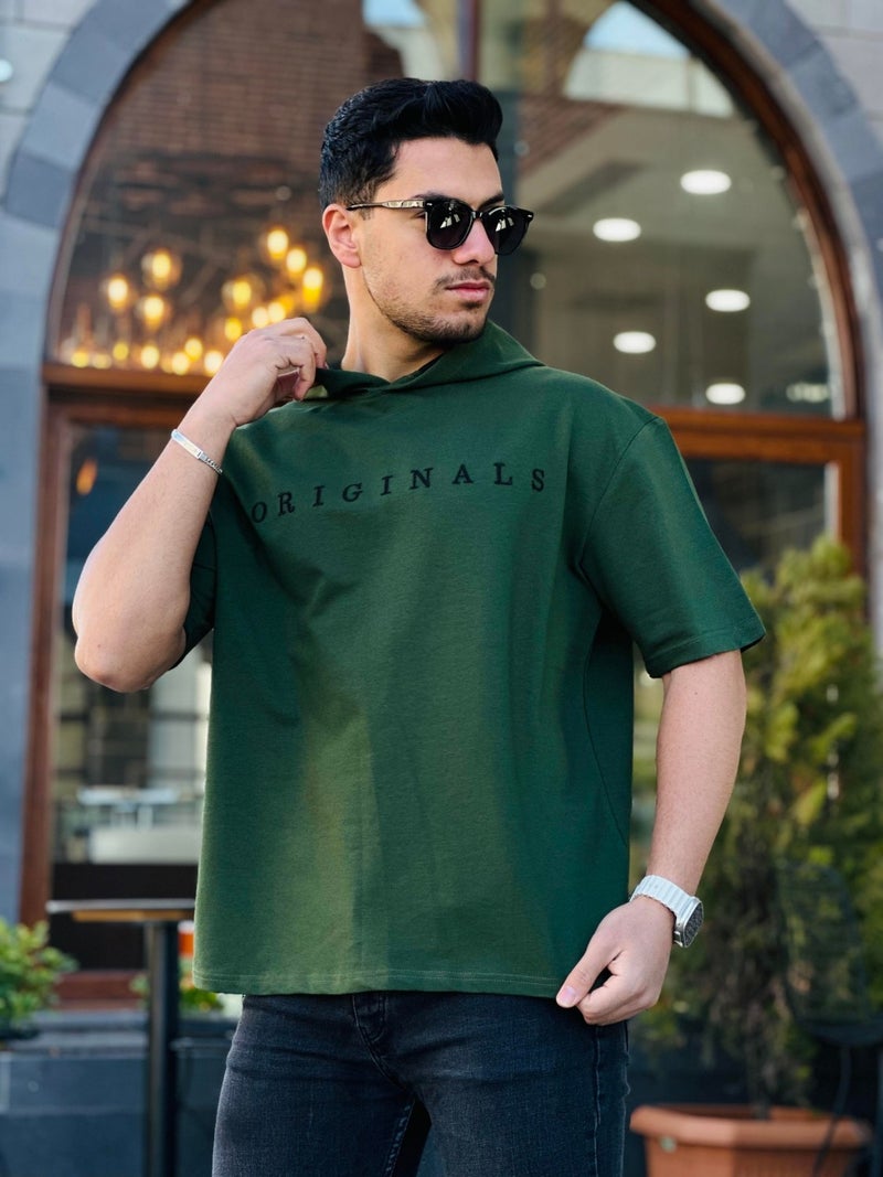 Miron Khaki Originals Embroidered Hooded Two Thread Short Sleeve T-Shirt - Image 4