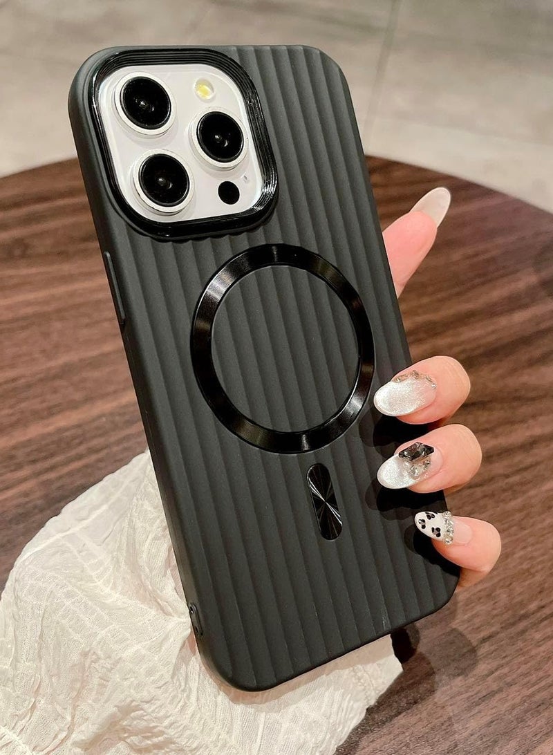 Plating Matte Style Corrugated Stripe Luggage Case for iPhone Cover 13\14  Wireless Charging Magnetic Luxury Case Wave Design (Black, Iphone13/14)