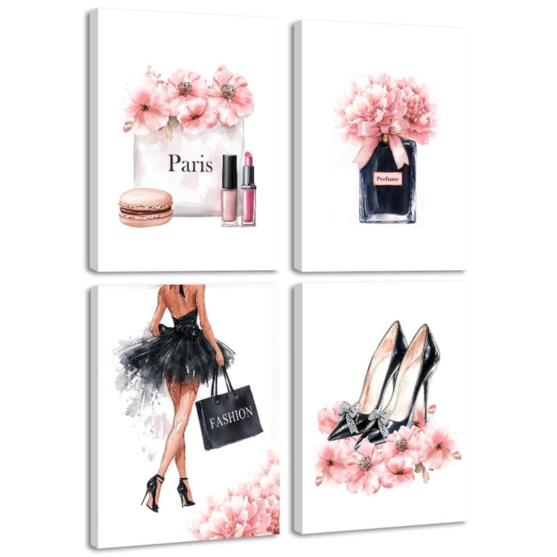 Drsoum Glam Fashion Makeup Room Decor Framed Pink Beauty Girly Elegantes Bathroom Wall Art Perfume Handbags High Heels Pictures Bedroom Dorm Decorations Ready to Hang 8x10inx4pcs (Framed) - Image 1