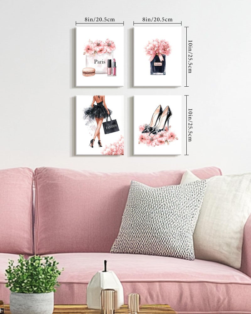 Drsoum Glam Fashion Makeup Room Decor Framed Pink Beauty Girly Elegantes Bathroom Wall Art Perfume Handbags High Heels Pictures Bedroom Dorm Decorations Ready to Hang 8x10inx4pcs (Framed) - Image 2