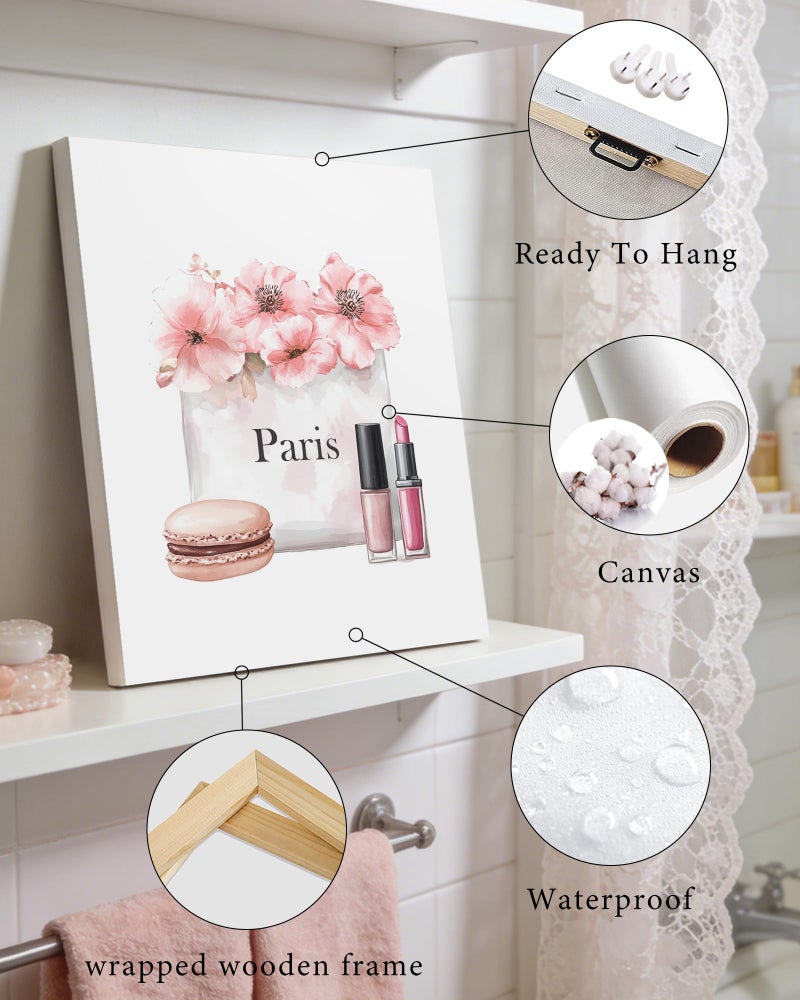 Drsoum Glam Fashion Makeup Room Decor Framed Pink Beauty Girly Elegantes Bathroom Wall Art Perfume Handbags High Heels Pictures Bedroom Dorm Decorations Ready to Hang 8x10inx4pcs (Framed) - Image 3