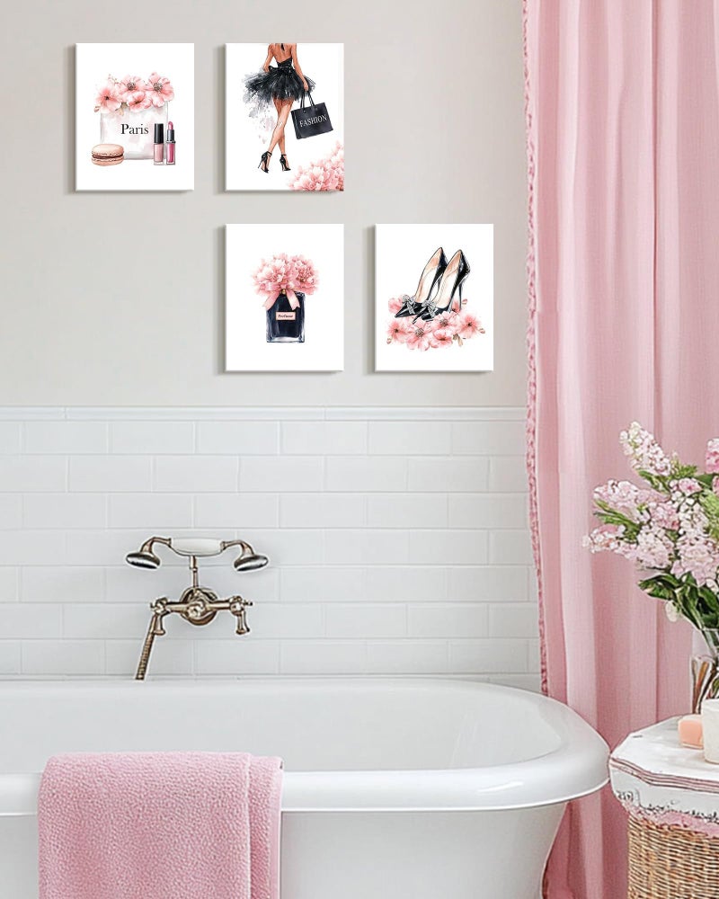 Drsoum Glam Fashion Makeup Room Decor Framed Pink Beauty Girly Elegantes Bathroom Wall Art Perfume Handbags High Heels Pictures Bedroom Dorm Decorations Ready to Hang 8x10inx4pcs (Framed) - Image 5