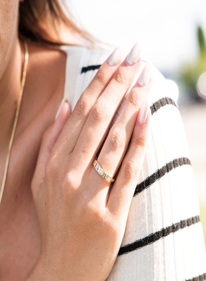 espere Emerald Cut Bezel Set CZ Halfway Eternity Band | 7 Stone Wedding Anniversary Band Bridal Set (3mm) Size 5 - Image 3