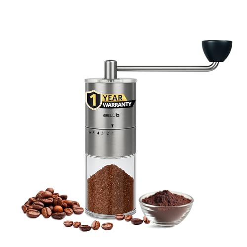 IBELL GRINDX6 Manual Coffee Grinder with Glass Jar, 6 Adjustable Settings, Stainless Steel, Detachable Handle, Ceramic Conical Burrs, Whole Beans, Drip Coffee, Espresso (Silver) - Image 1