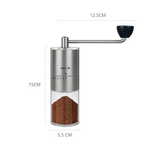 IBELL GRINDX6 Manual Coffee Grinder with Glass Jar, 6 Adjustable Settings, Stainless Steel, Detachable Handle, Ceramic Conical Burrs, Whole Beans, Drip Coffee, Espresso (Silver) - Image 5