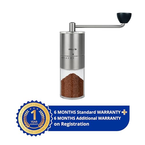 IBELL GRINDX6 Manual Coffee Grinder with Glass Jar, 6 Adjustable Settings, Stainless Steel, Detachable Handle, Ceramic Conical Burrs, Whole Beans, Drip Coffee, Espresso (Silver) - Image 2