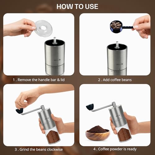 IBELL GRINDX6 Manual Coffee Grinder with Glass Jar, 6 Adjustable Settings, Stainless Steel, Detachable Handle, Ceramic Conical Burrs, Whole Beans, Drip Coffee, Espresso (Silver) - Image 3