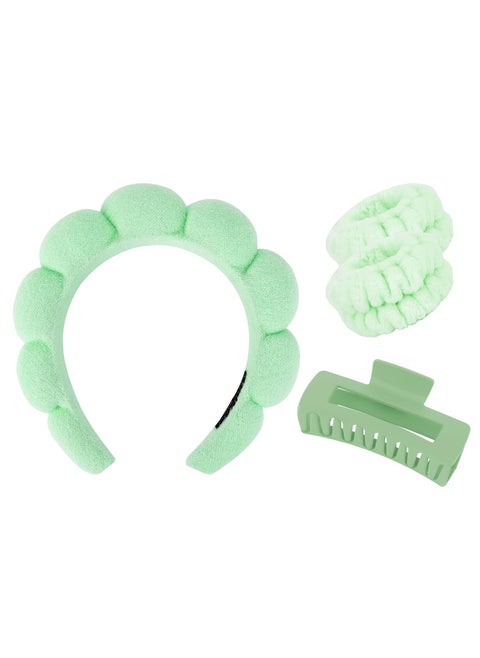 Wecoe Spa Headband And Wristband Set Skincare Headband For Washing Face Hair Claw Clips For Thick Hair Cute Green Puffy Sponge Makeup Headband Bubble Headband Wrist Towels Scrunchies For Women Girls