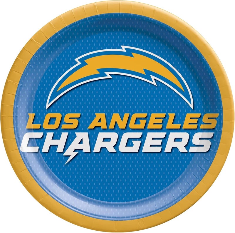 Amscan Los Angeles Chargers Round Plates  9 Pack of 8  Vibrant Blue  Orange Paper Plates  Perfect for Sports Events Tailgates  Themed Parties
