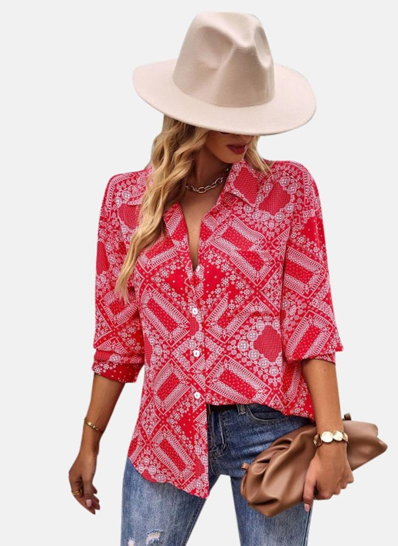 يونيكي قميص بياقة مطبوعة باللون الكستنائي - Image 1