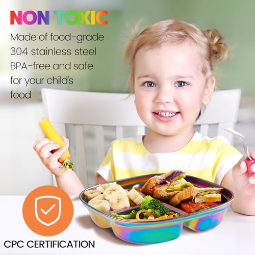 MIMORE Stainless Steel Kids Plates - 5 Pack Toddler Plates with Lids - Non Toxic & Divided - Image 2