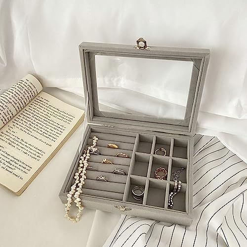YouBella Jewellery Organisers Gifts Velvet Clear Lid Portable Home Jwell organizer Storage Box Case with Dividers Container for Rings, Earrings, Necklace for girls and women (Grey) - Image 2