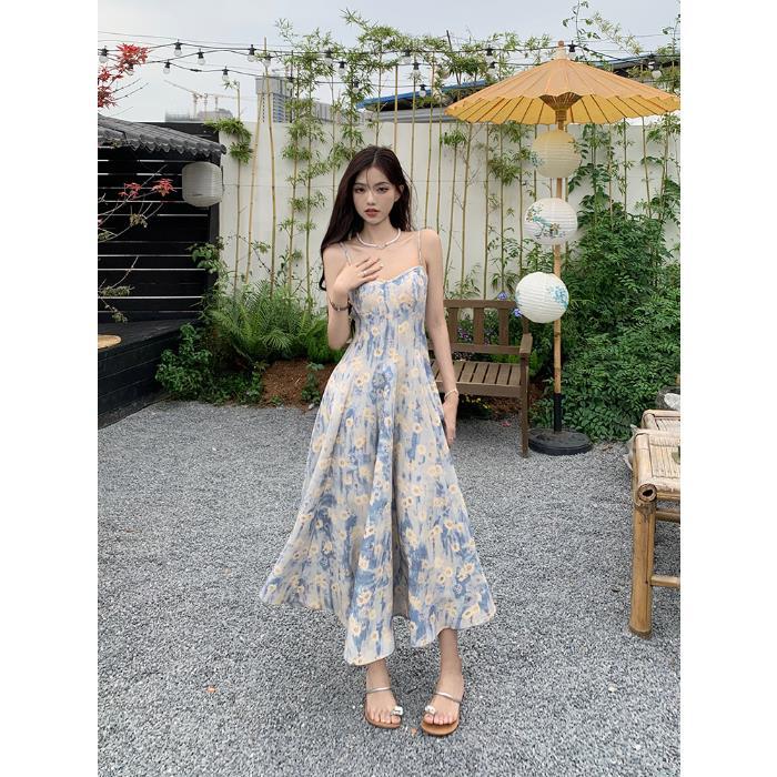 2024 Spring Summer Petite Floral Dress Set Apricot Blue Slip Skirt * 1146