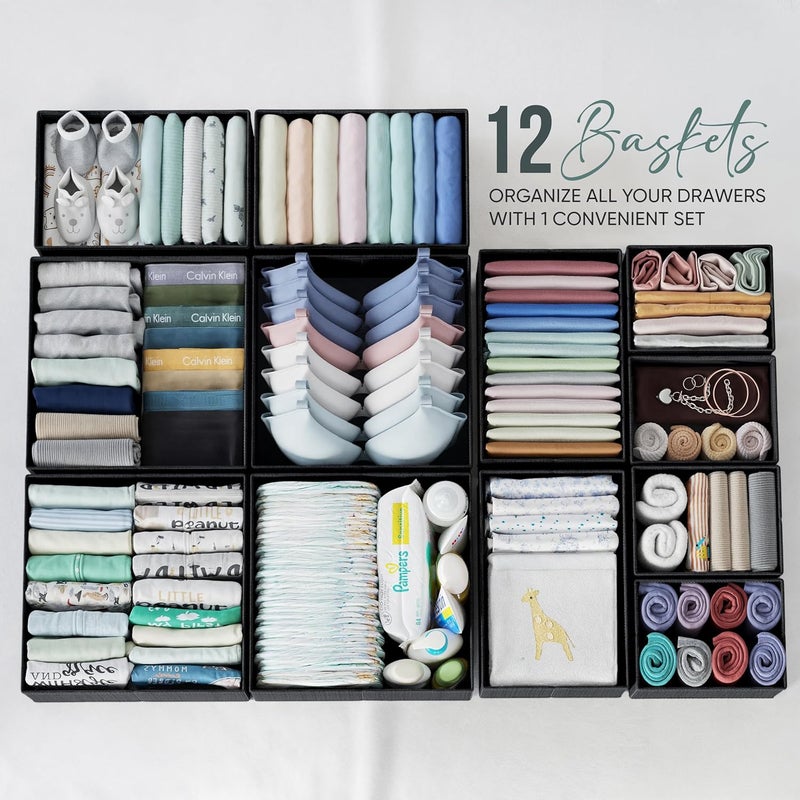 NEATERIZE Drawer Organizer Clothes Set of 12 Black - Dresser Organizer For Nursery, Bedroom, Closet - Image 4