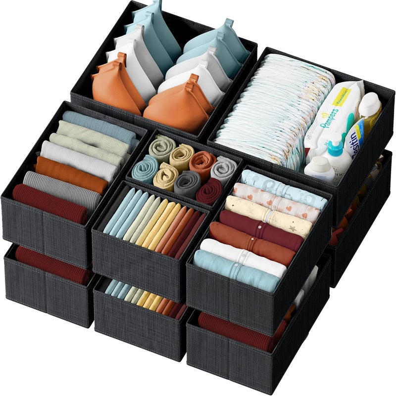 NEATERIZE Drawer Organizer Clothes Set of 12 Black - Dresser Organizer For Nursery, Bedroom, Closet - Image 1