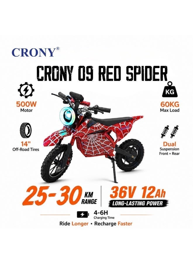 CRONY‑09 Kids Electric Dirt Bike, 500W Off‑Road Motorcycle, Aluminum Alloy Frame, Dual Suspension & Dual Disc Brakes, 28KM/H Max Speed, Bluetooth Speaker for Children Red Spider Pattern - Image 4