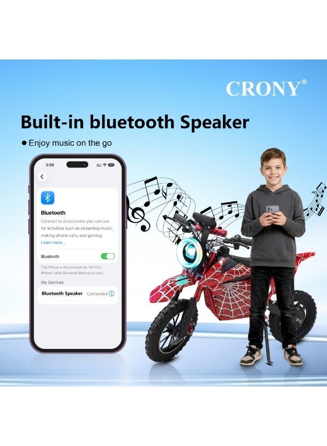 CRONY‑09 Kids Electric Dirt Bike, 500W Off‑Road Motorcycle, Aluminum Alloy Frame, Dual Suspension & Dual Disc Brakes, 28KM/H Max Speed, Bluetooth Speaker for Children Red Spider Pattern - Image 3