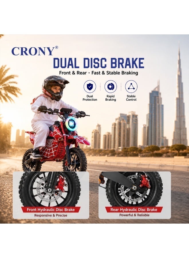 CRONY‑09 Kids Electric Dirt Bike, 500W Off‑Road Motorcycle, Aluminum Alloy Frame, Dual Suspension & Dual Disc Brakes, 28KM/H Max Speed, Bluetooth Speaker for Children Red Spider Pattern - Image 5