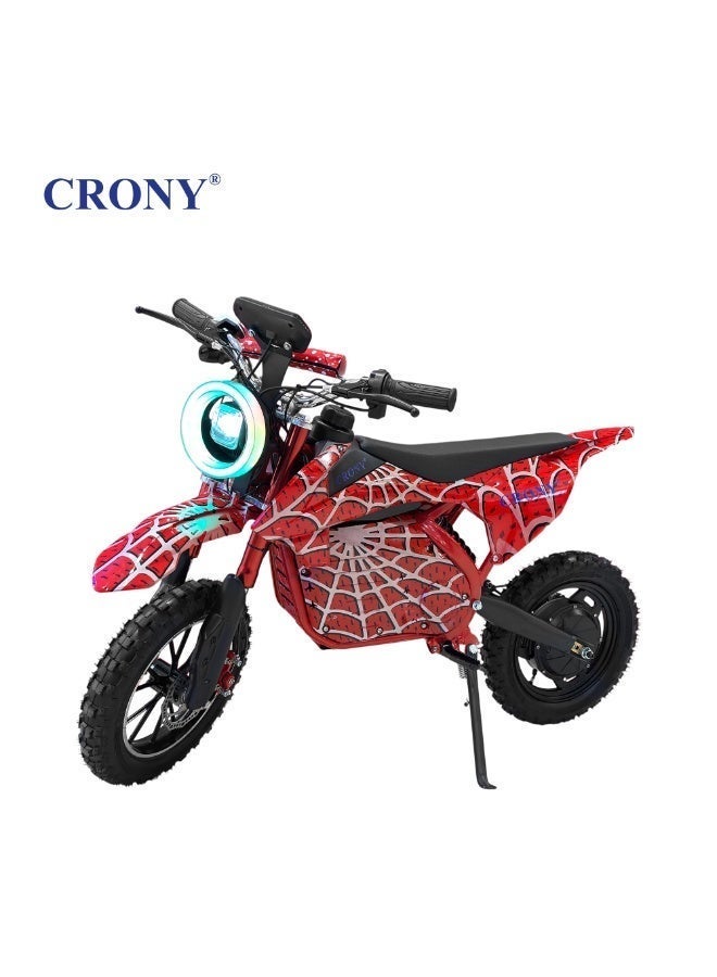 CRONY‑09 Kids Electric Dirt Bike, 500W Off‑Road Motorcycle, Aluminum Alloy Frame, Dual Suspension & Dual Disc Brakes, 28KM/H Max Speed, Bluetooth Speaker for Children Red Spider Pattern - Image 1