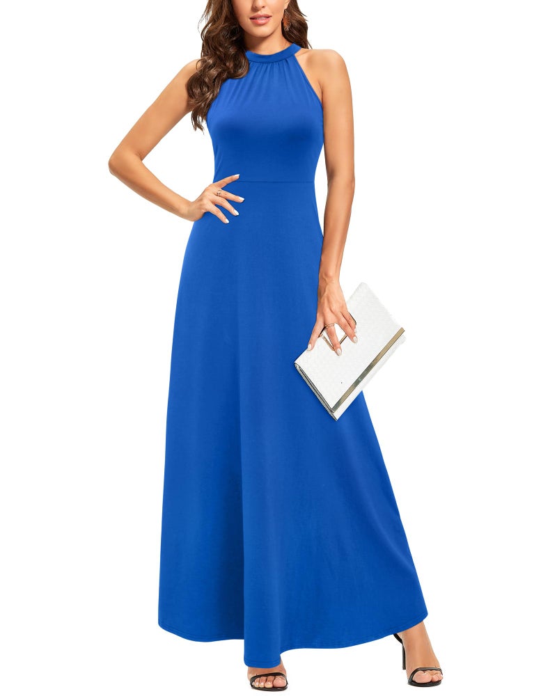STYLEWORD Womens Summer Halter Neck Long Formal Dress Sexy Sleeveless Cocktail Evening Party Wedding Guest Maxi DressesRoyal BlueS