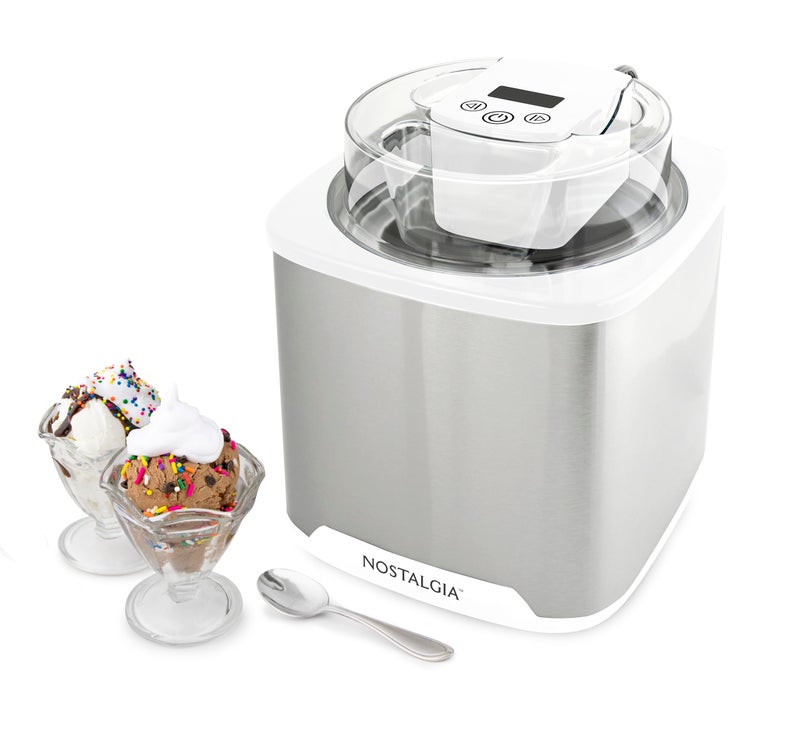 Nostalgia 2-Quart Electric Ice Cream Maker â€“ Make Homemade Ice Cream, Gelato, Sorbet & Frozen Yogurt â€“ No Salt/Ice Needed, Digital Controls, Mix-In Chute & Freezing Gel Canister â€“ Stainless & White - Image 1